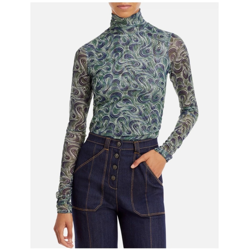 Cinq a Sept Green Swirl Marble Sheer Mesh Turtleneck Long Sleeve Top Zipper Back